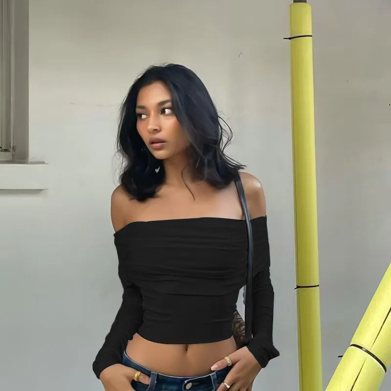 Women’s Off-Shoulder Mesh Ruched Crop Top