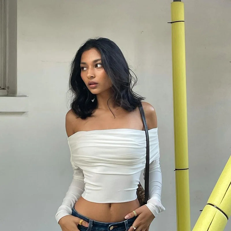 Women’s Off-Shoulder Mesh Ruched Crop Top